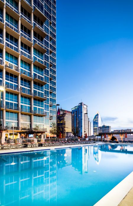 The Vue Charlotte luxury pool and outdoor lounge on 8th floor of apartment high rise