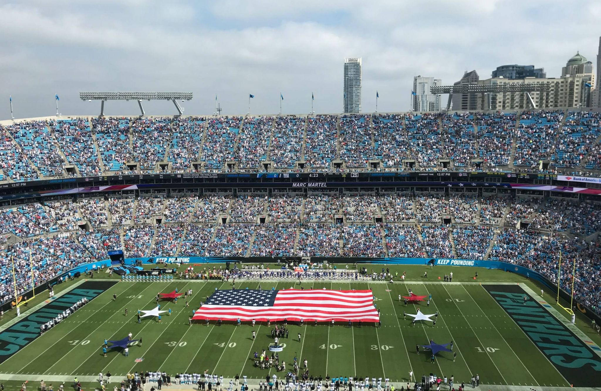 Bank of America Stadium in Charlotte, NC with The Vue luxury apartment building in the background