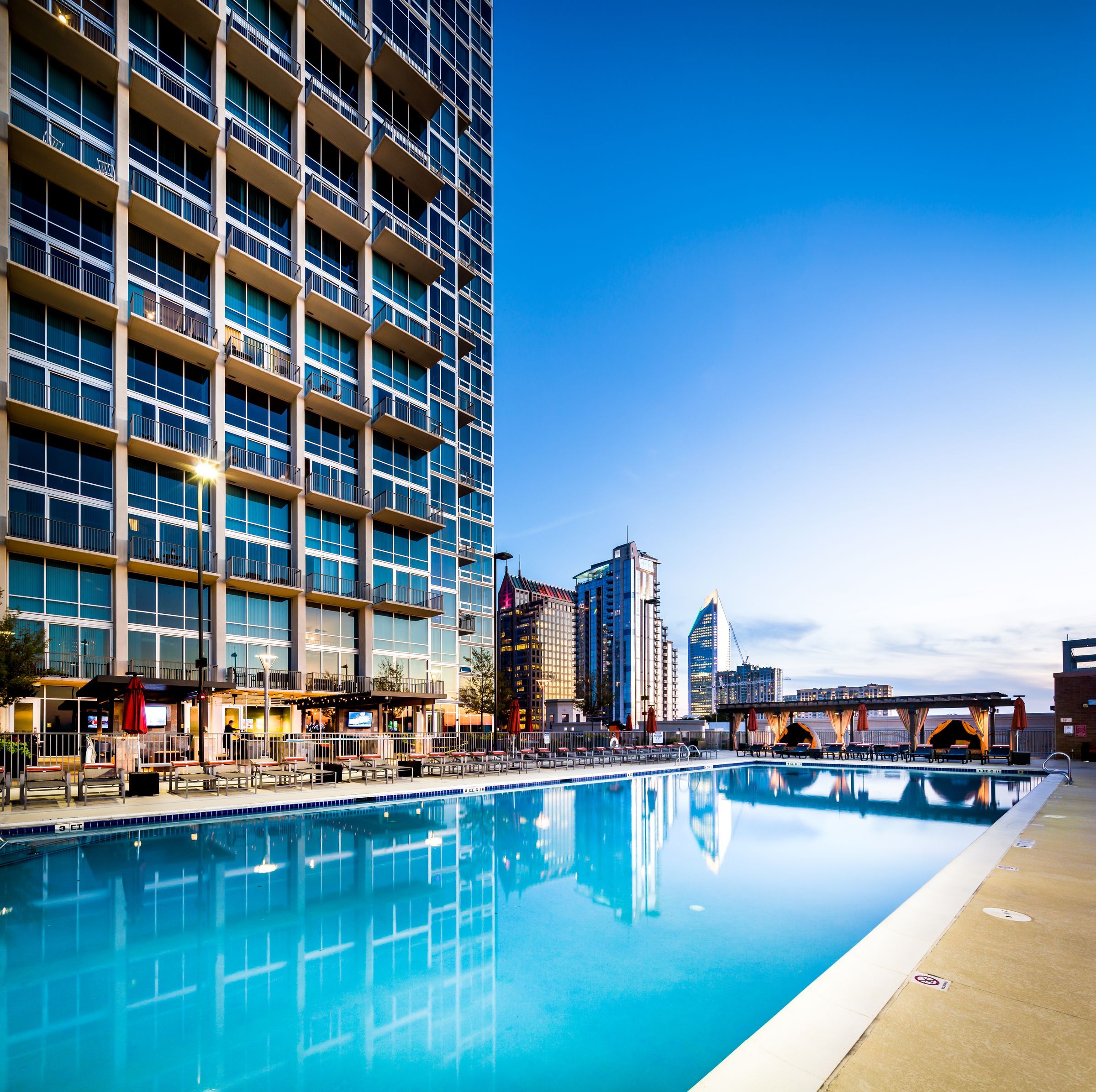 The Vue Charlotte luxury pool and outdoor lounge on 8th floor of apartment high rise