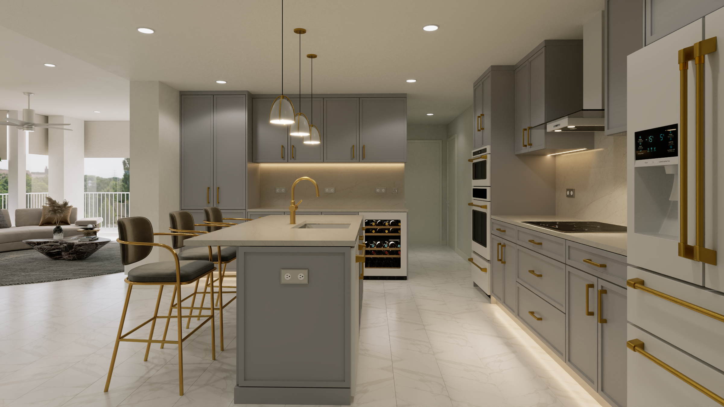 Interior apartment with open floor plan and modern kitchen at The VUE in Charlotte, NC